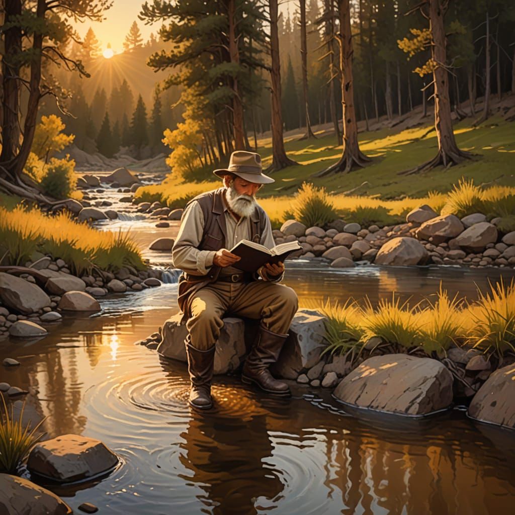 Prospector Reading Bible by Stream in Digital Painting
