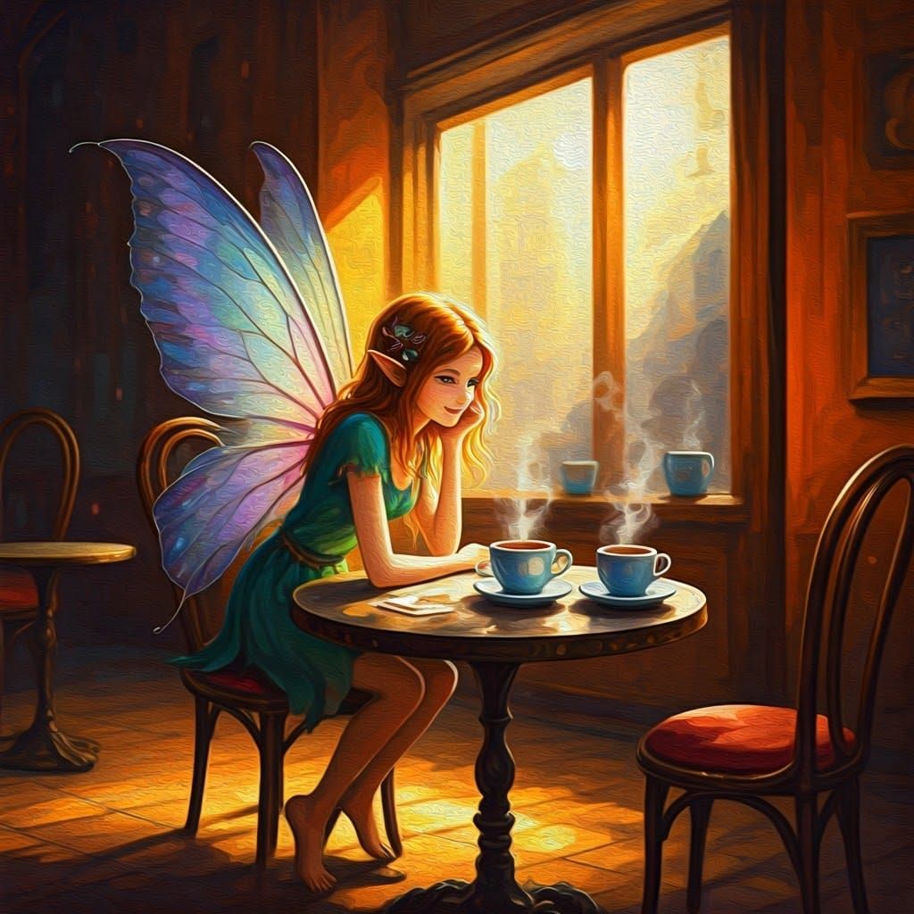 Fairy in Coffee Shop, Neo-Impressionist Expressionism