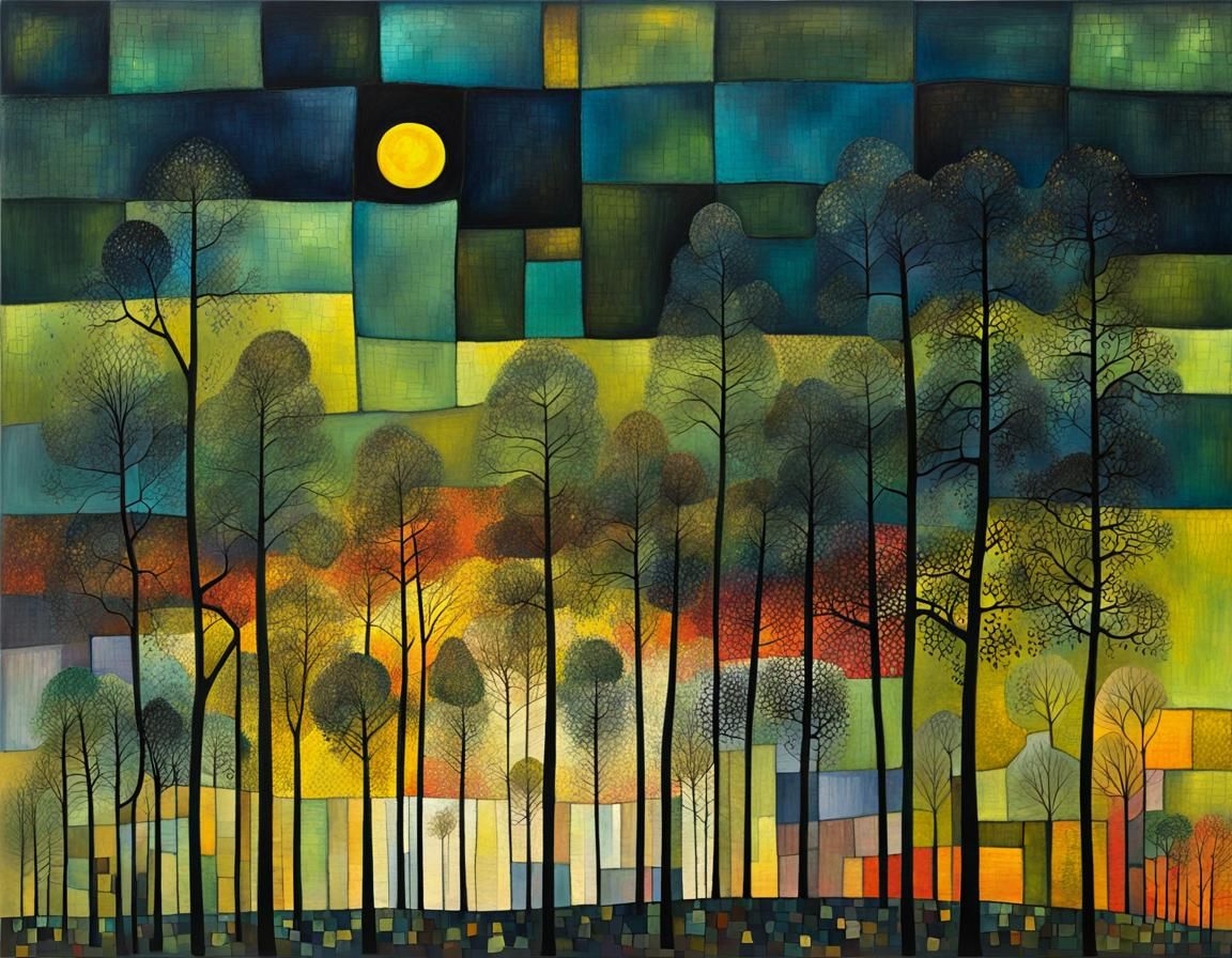 Sunset Birch Forest in Neo-Impressionist Style