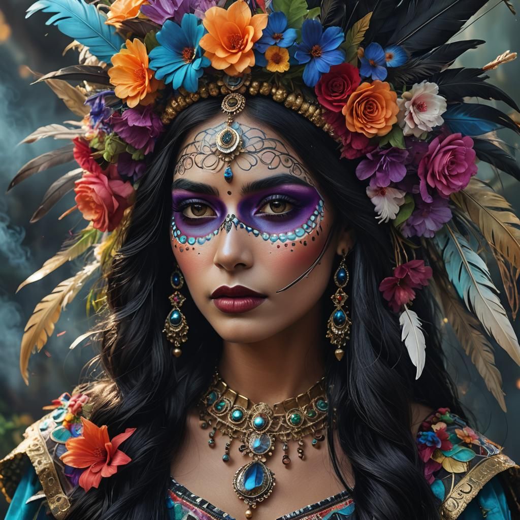 Colombian Indian Catrina Portrait in Fantasy Splash Art