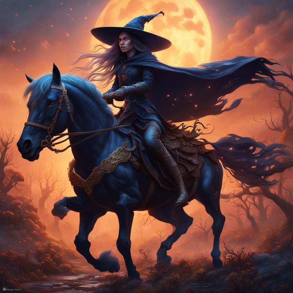 Witch Riding Magic Horse in Fantasy Art