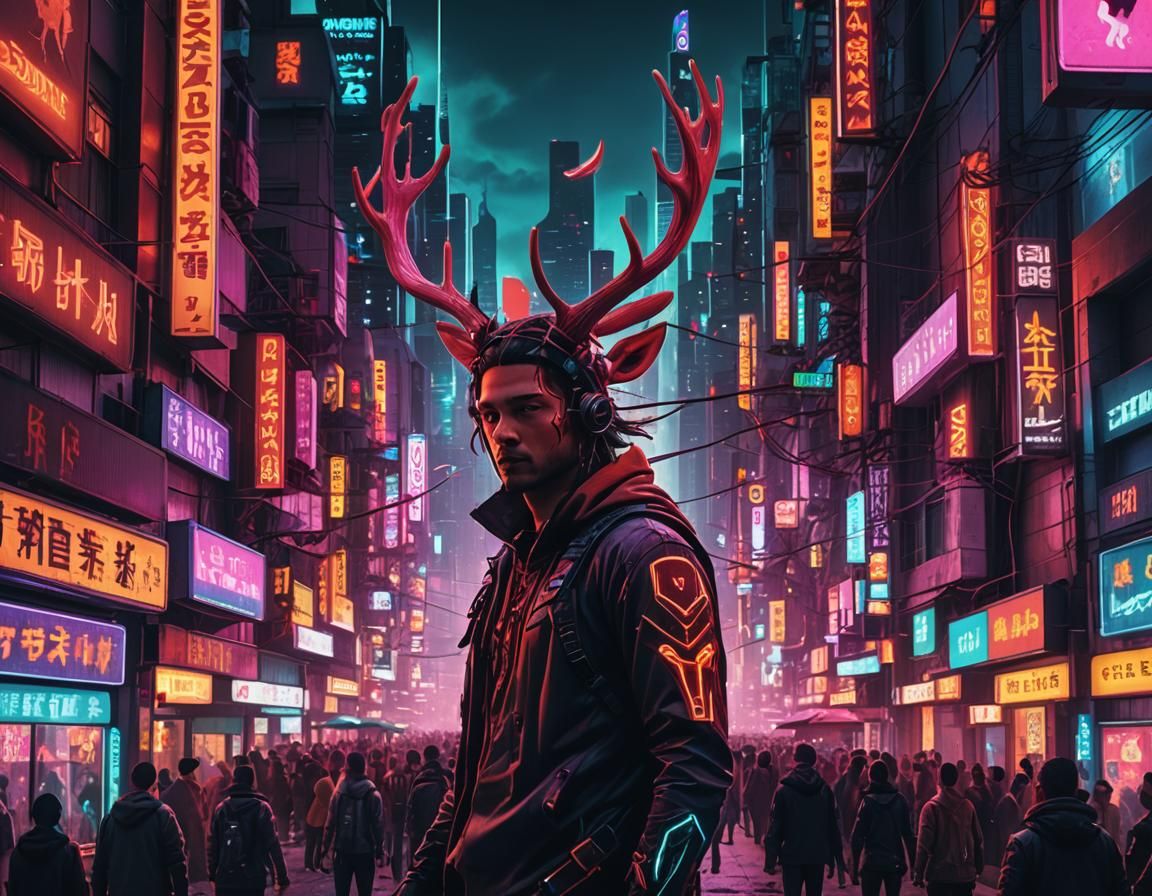 Neon Cityscape with Antlered Inhabitants in Cyberpunk Style