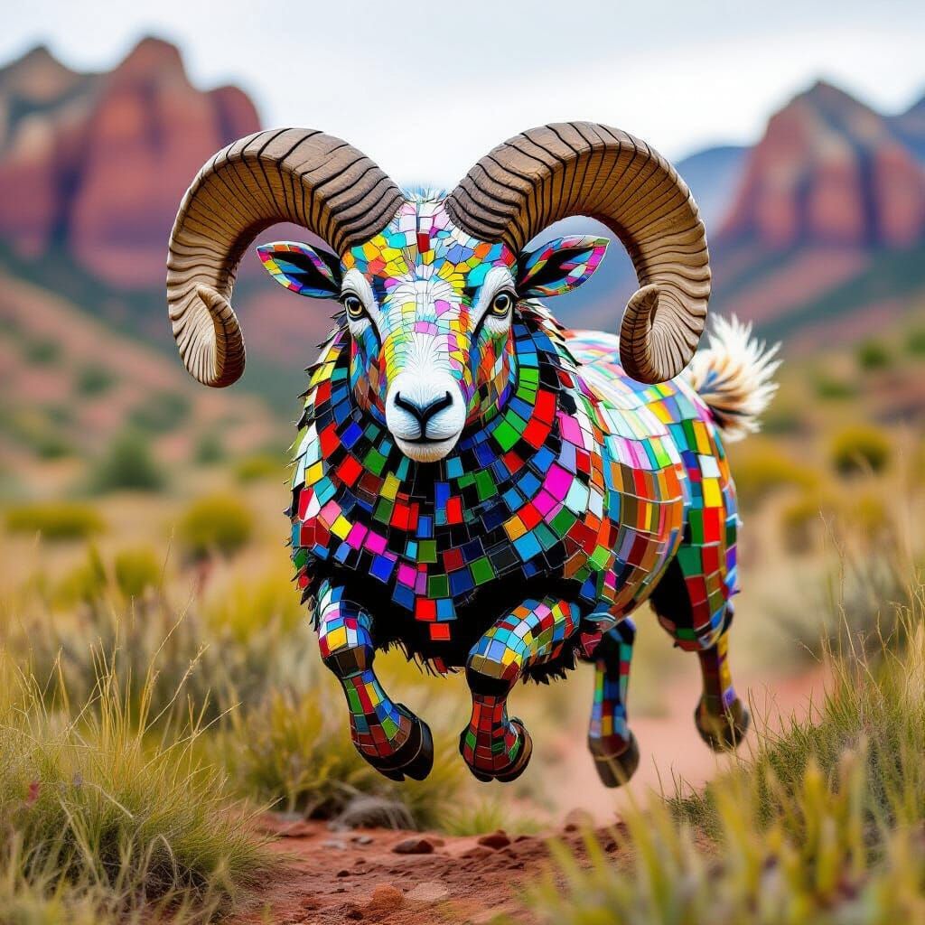 Iridescent Mosaic Ram Leaping Over Mountains