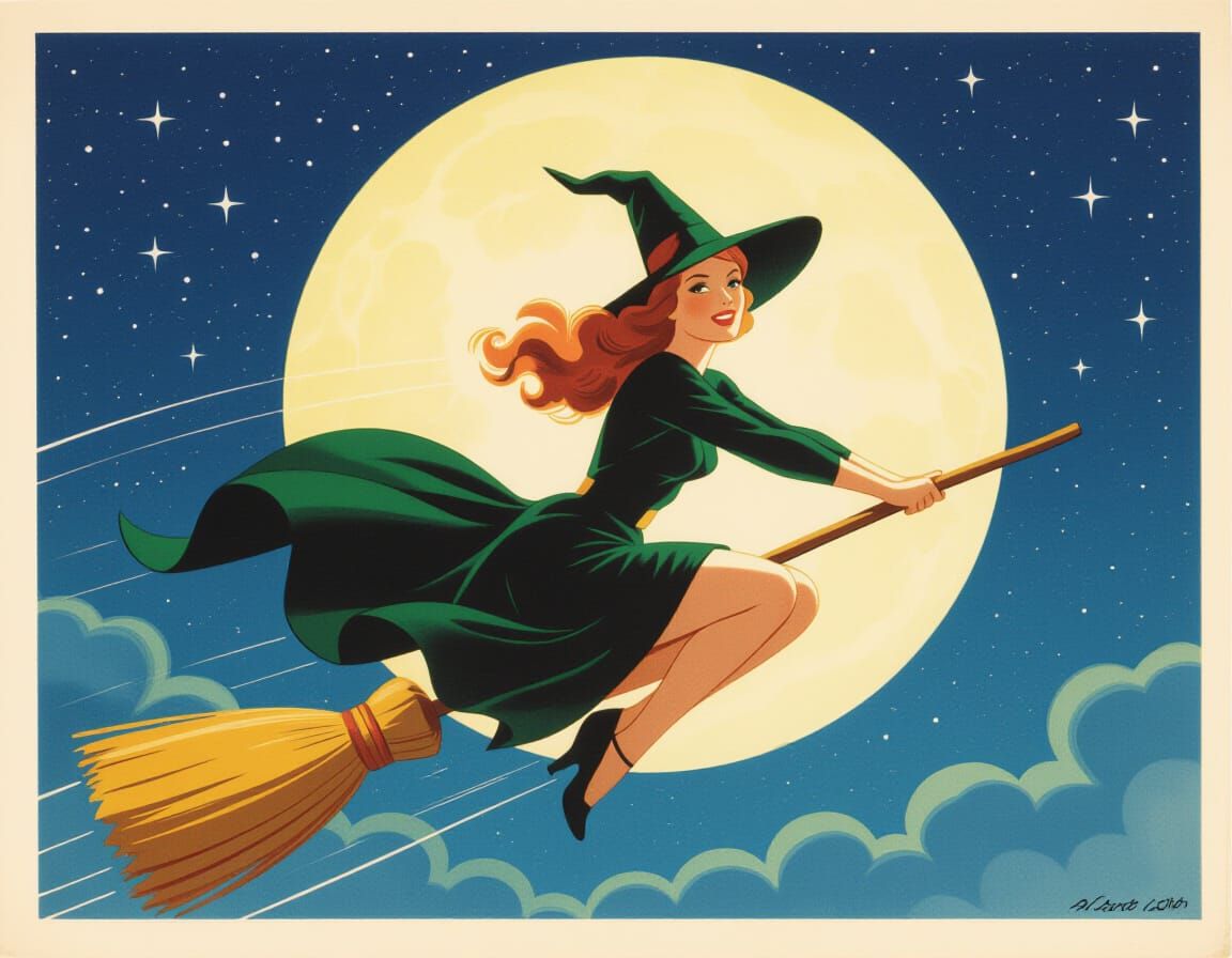 1950s Pin-up Witch Riding Broom in Night Sky