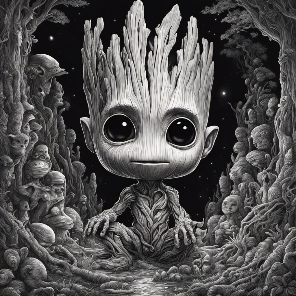 Chibi Baby Groot Ink Drawing in Moonlight