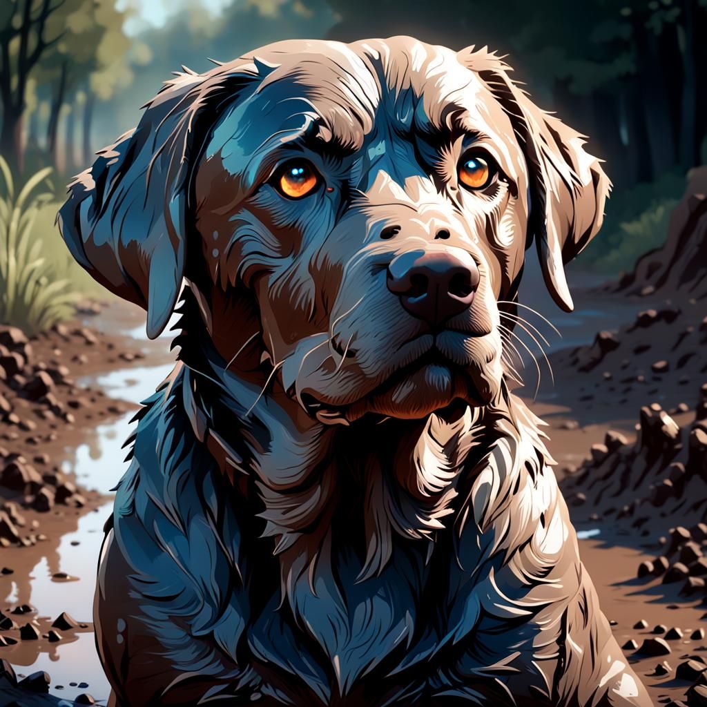Muddy Labrador Portrait in Hyperdetailed Splash Art Style