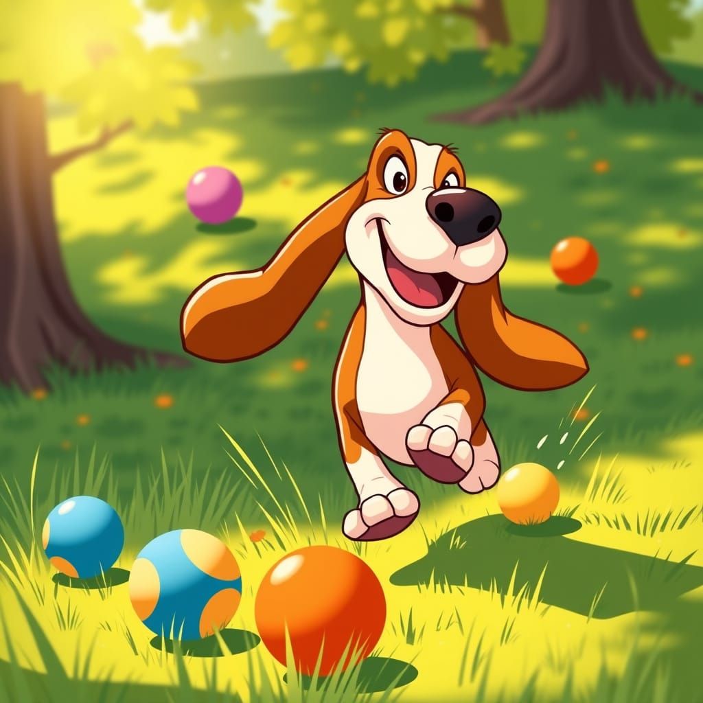 Playful Basset Hound Chasing Balls in Cartoon Style