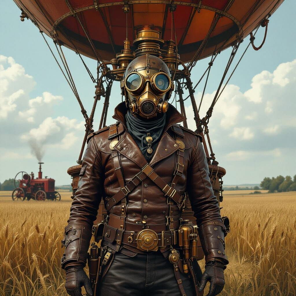 Steampunk Pilot Ghost in Farmland Scene