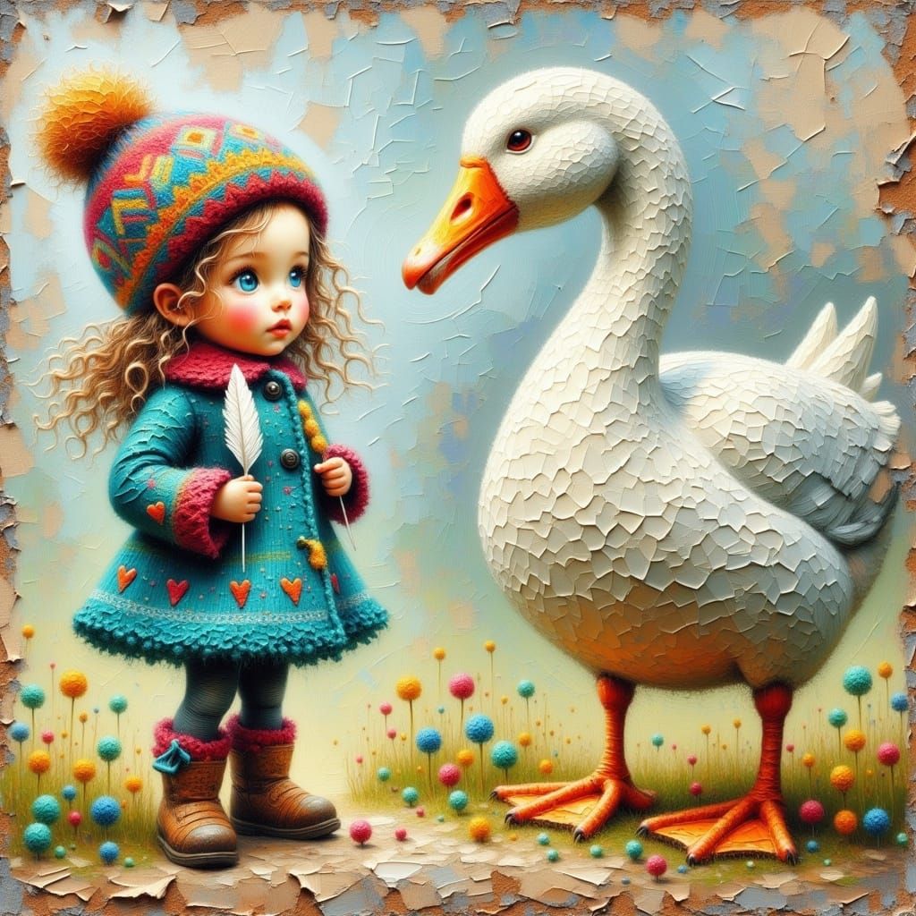 Young Child with Goose in Whimsical Impasto Style
