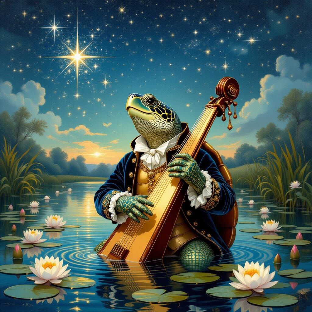 A turtle with a shiny harp singing under a sparkling starry sky on a lily-covered pond baroque