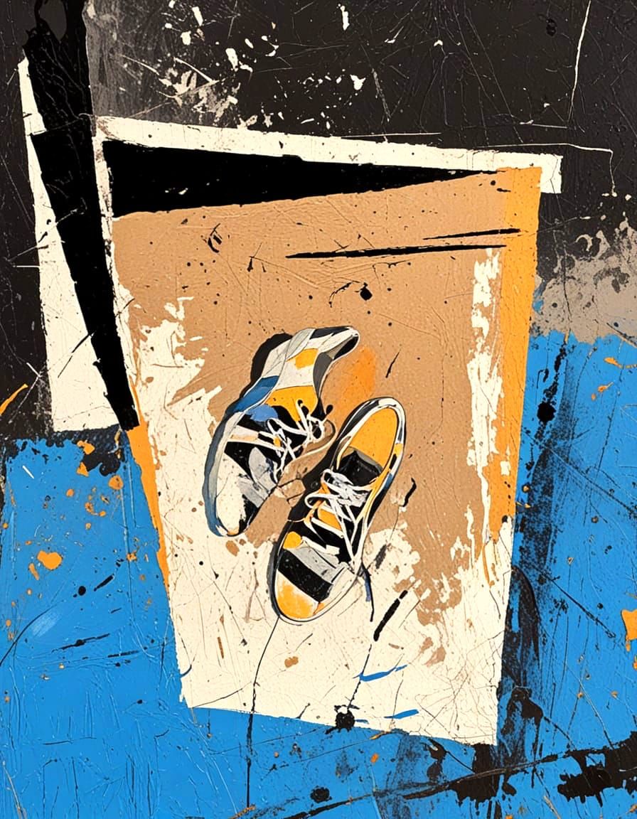 Worn Shoes Color Field Painting in Rough Style