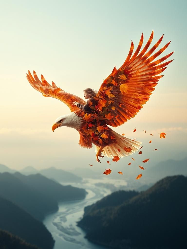 Autumn Eagle Double Exposure Over Misty Mountains