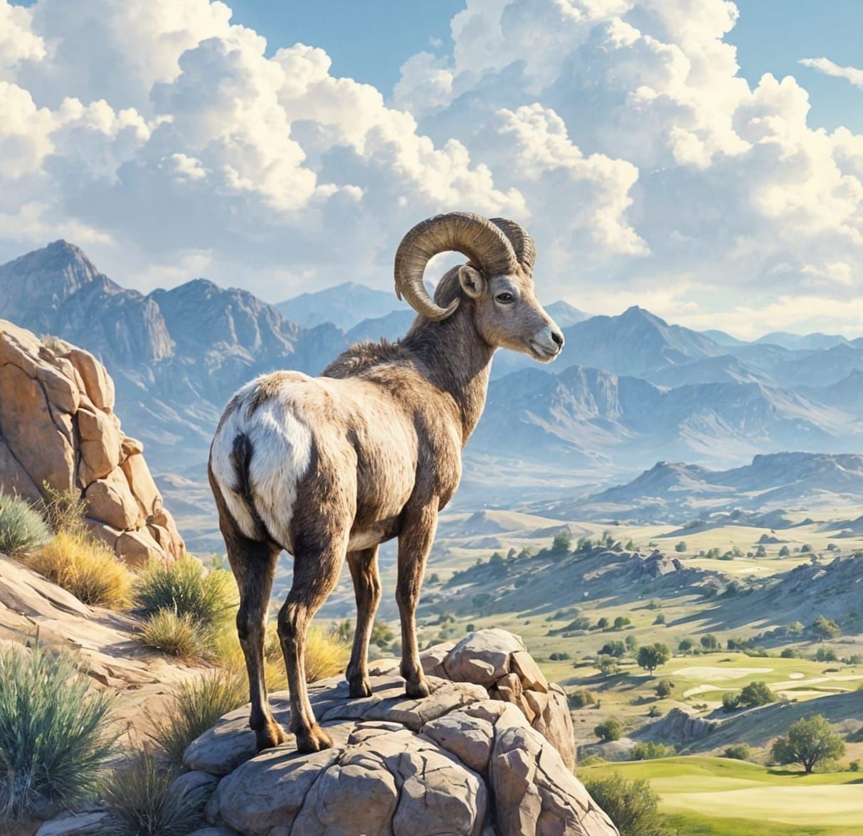 Bighorn Sheep Overlooking Golf Course, Watercolor Illustrati...