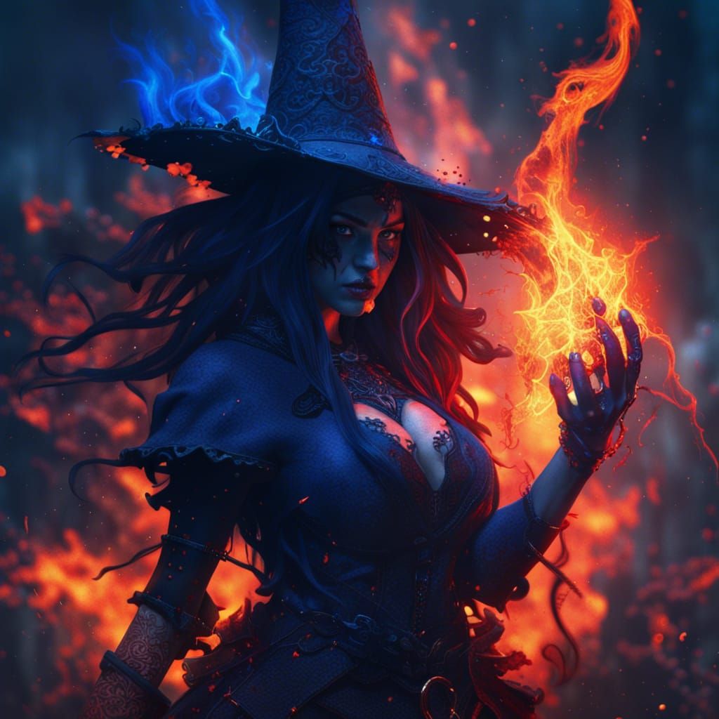 Witch Burning in Blue Flames: Fantasy Art