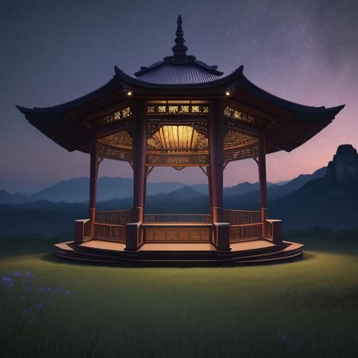 Serene Pavilion in Astral Landscape: Digital Art
