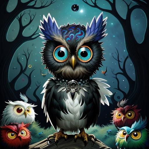 Whimsical Chibi Owl in Gothic Punk Attire