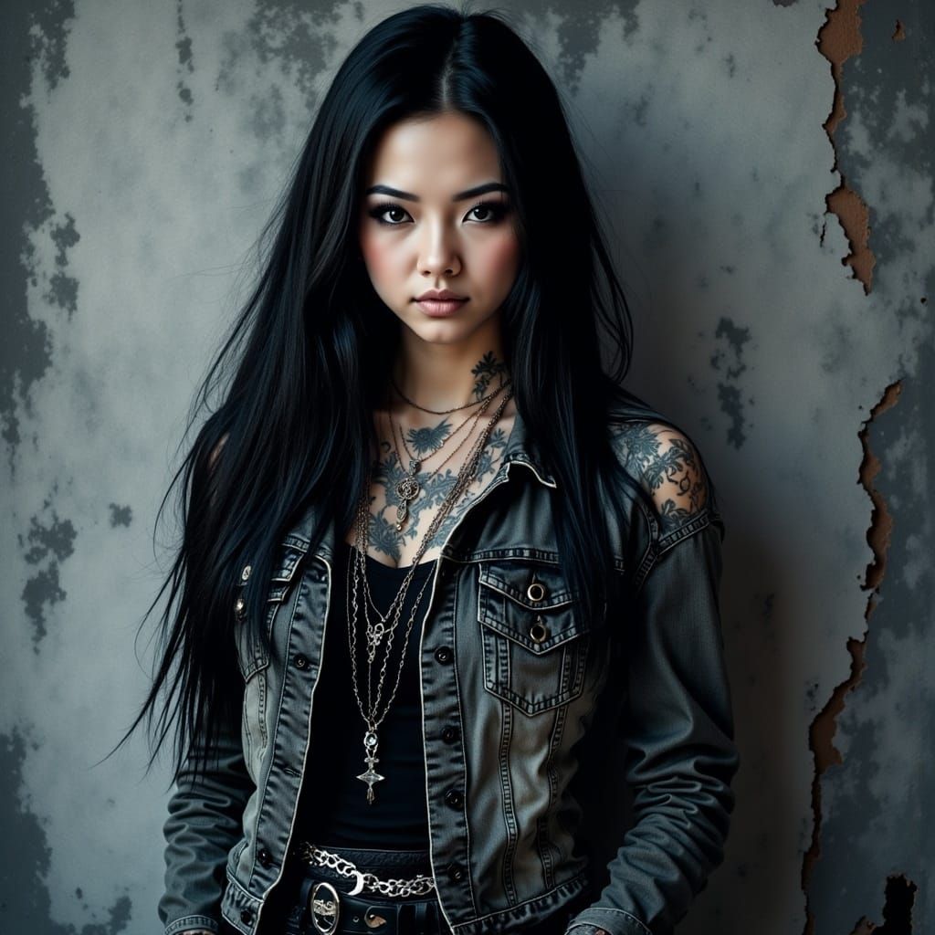 Grunge Portrait of Asian Woman with Tattoos