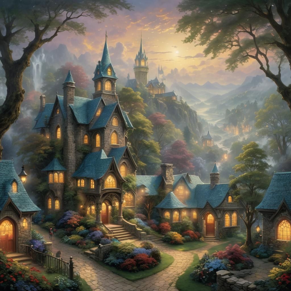 Ethereal Enchanted School in Thomas Kinkade Style