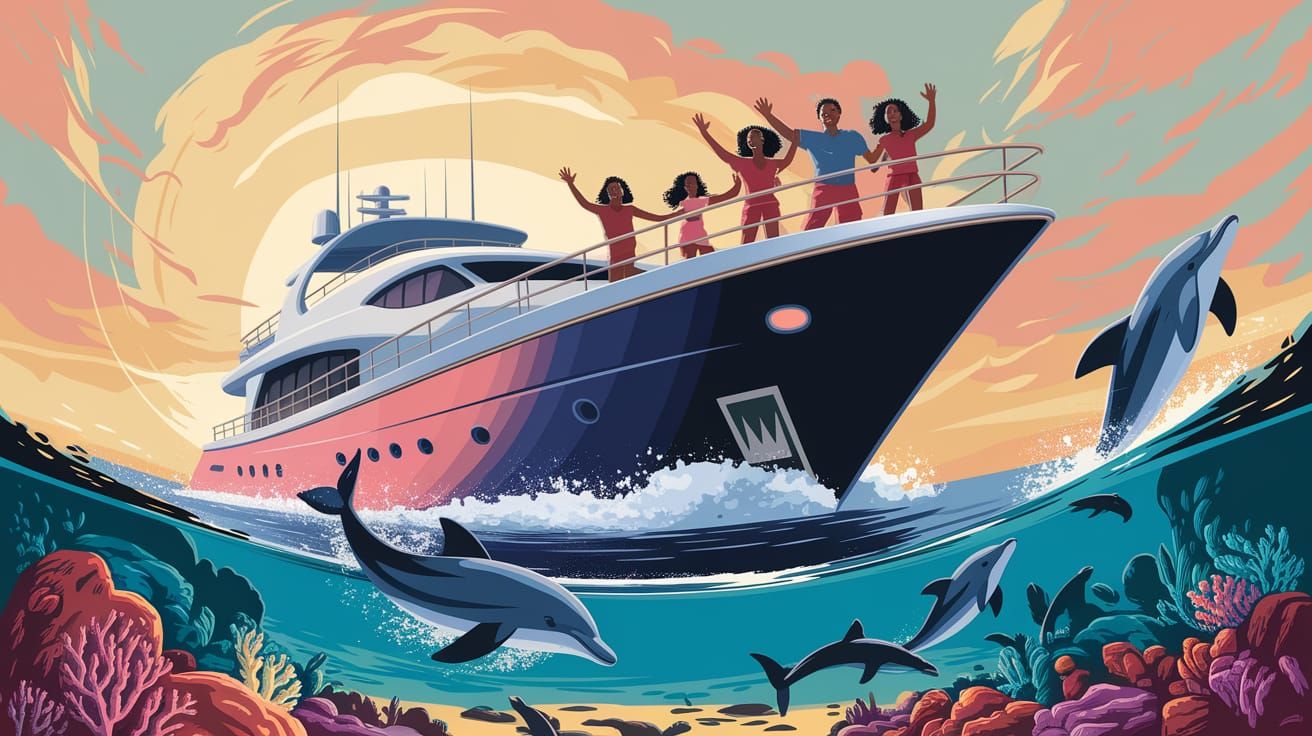 Joyful Family Yachting in Caribbean Sea with Dolphins