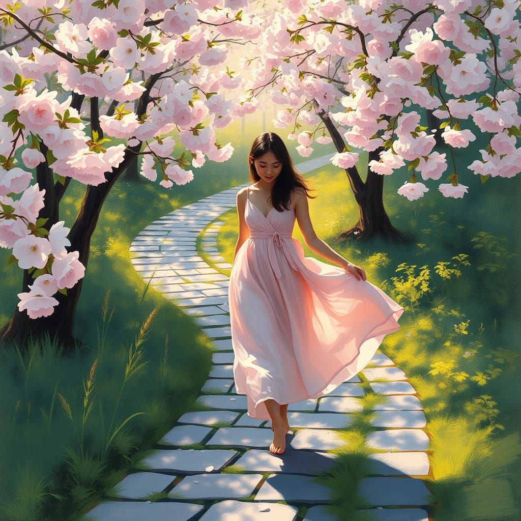 Impressionist Woman Strolls Through Cherry Blossoms