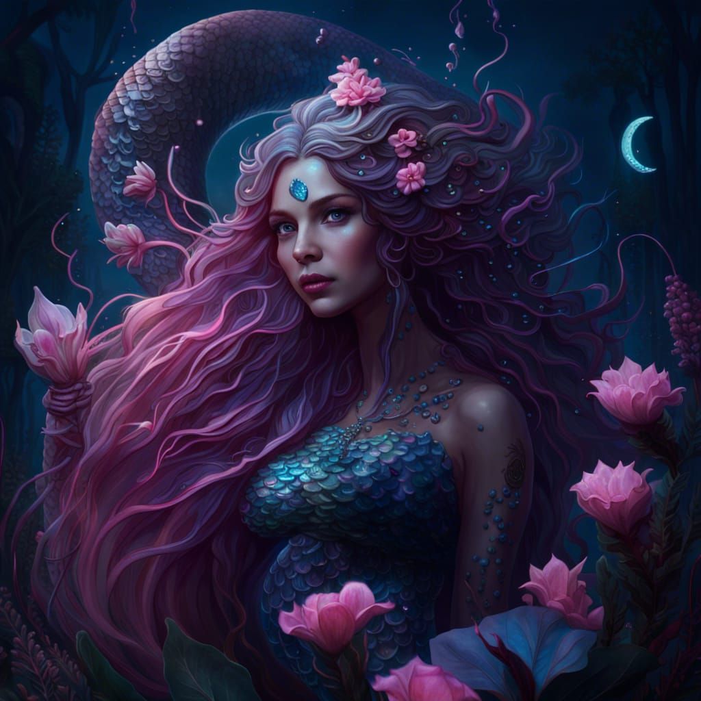 Mermaid with Long Hair and Flowers, Fantasy Art