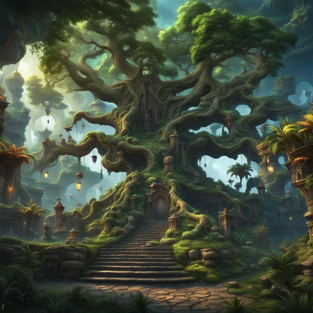 Mystical World Tree and Ancient City in Jungle