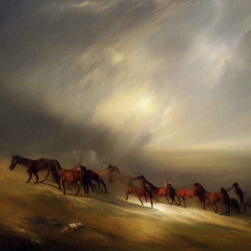 Horses on Cliff at Sunset: Turner-Inspired Matte Painting