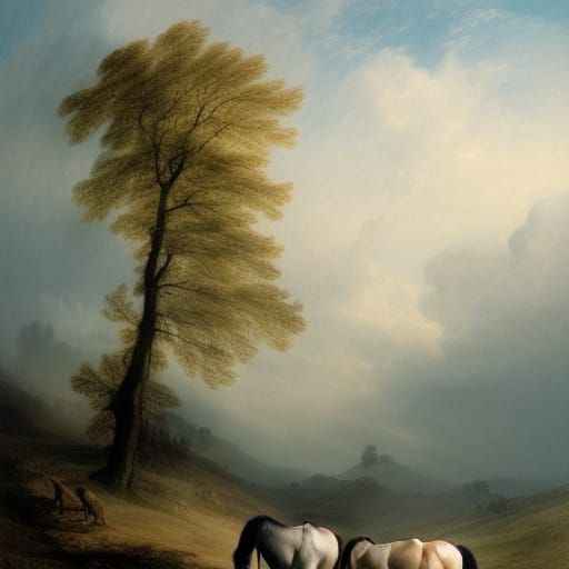 Horses on Cliff in Misty Landscape: Turner-Inspired Art