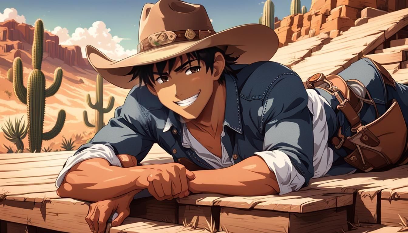 Anime Cowboy Relaxing in Desert Heat