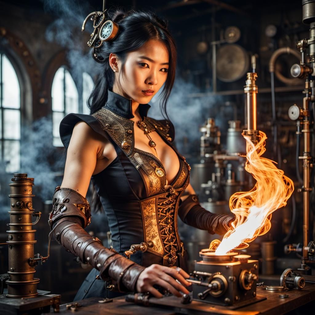 Asian Sorceress Casting Fire Magic in Steampunk Lab