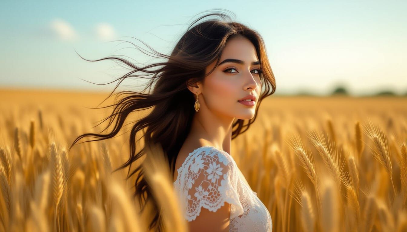Persian Woman in Golden Wheat Field at Golden Hour