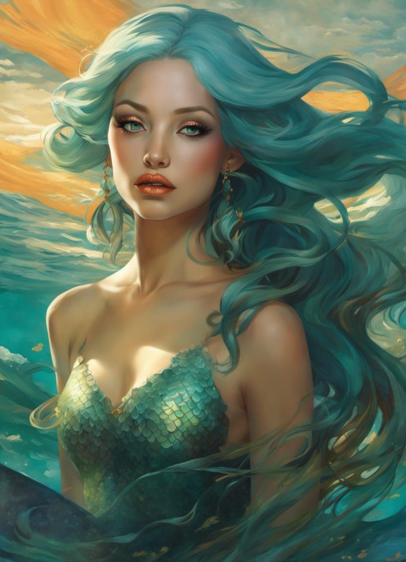 Bioluminescent Mermaid in Art Nouveau Style