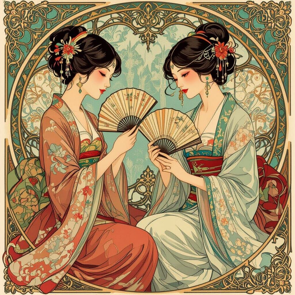 Elegant Women Play Fan Game in Art Nouveau Style