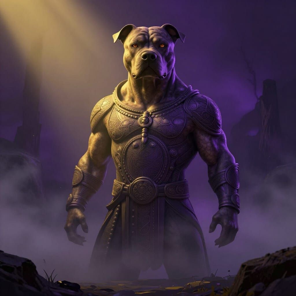 Muscular Man With Pitbull Head in Mystical Landscape
