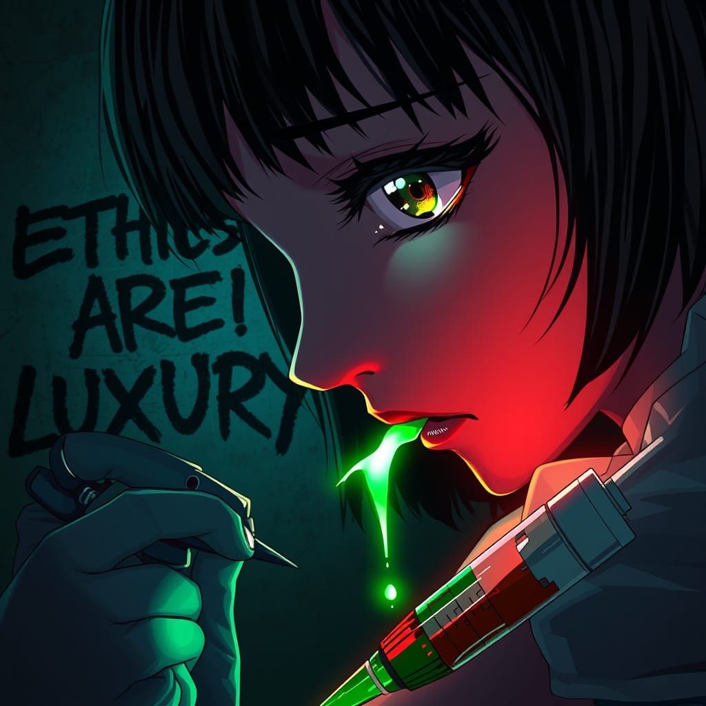Anguished Anime Portrait: Yuriko's Turmoil in Gritty Dystopi...