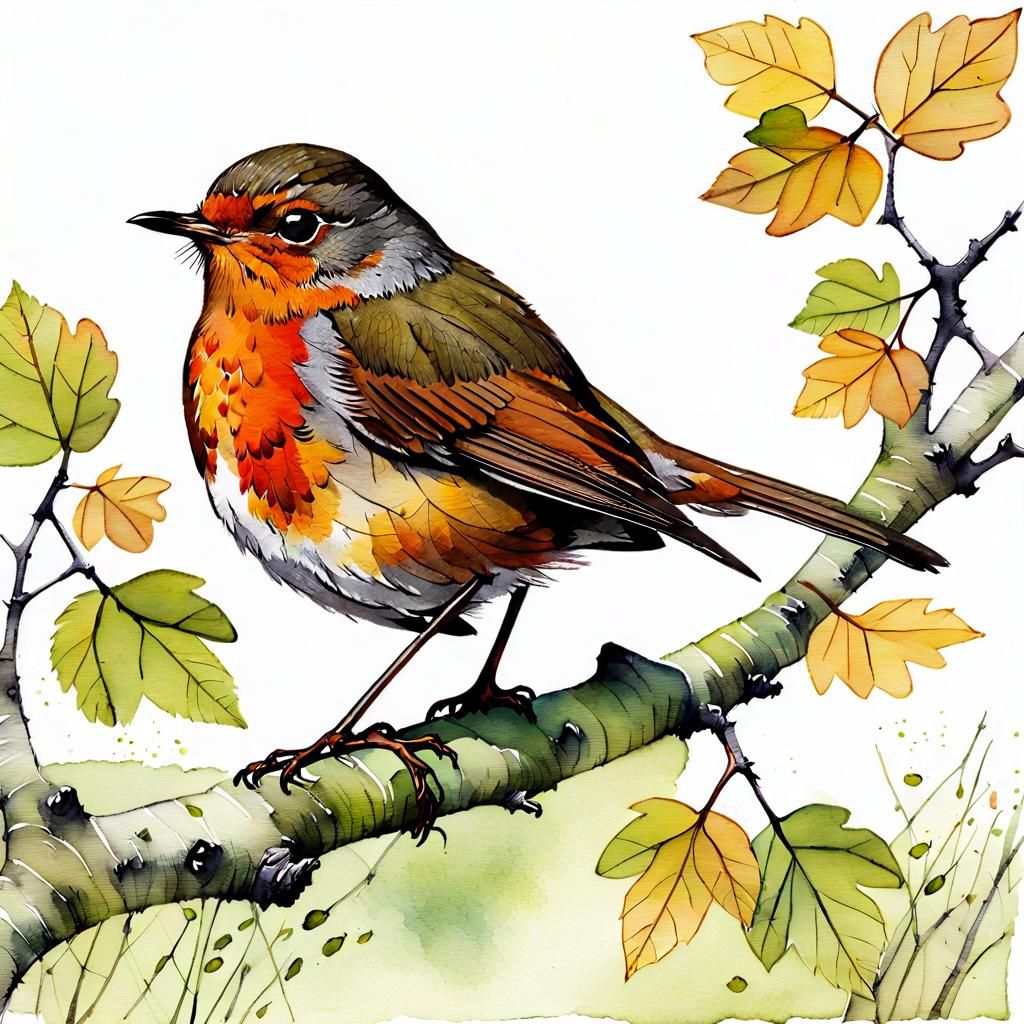 Robin on Birch Branch Watercolor Painting