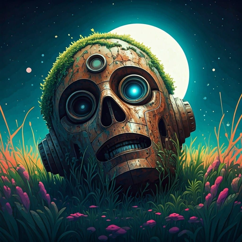 Broken Robot Head on Alien Planet: Watercolor Sci-Fi Art