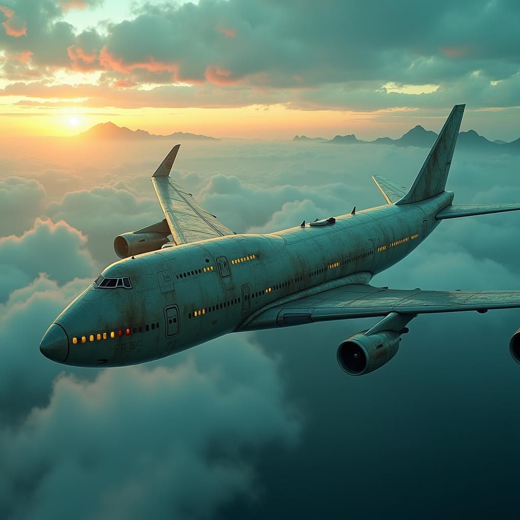 Boeing 747 Over Surreal Fantasy Landscape