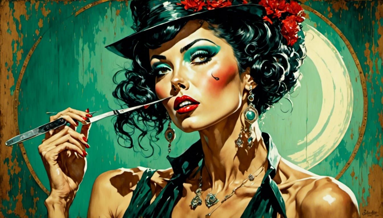 Three-Eyed Woman Licking Razor in Rockabilly Style