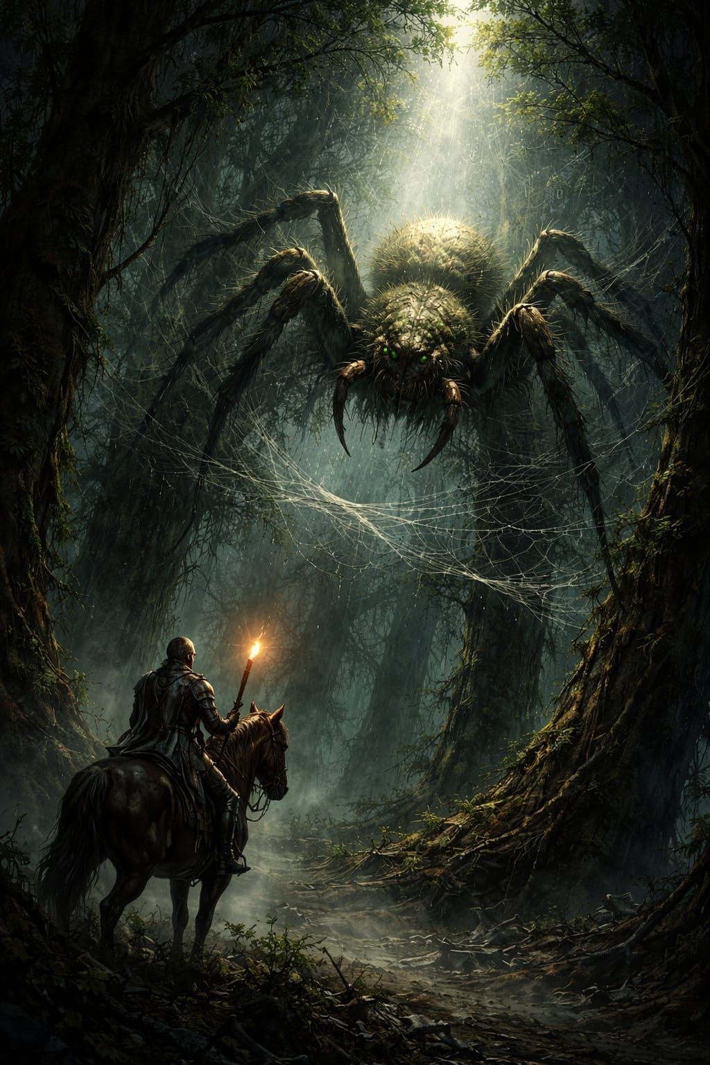 Giant Spider in Forest Canopy with Knight Below