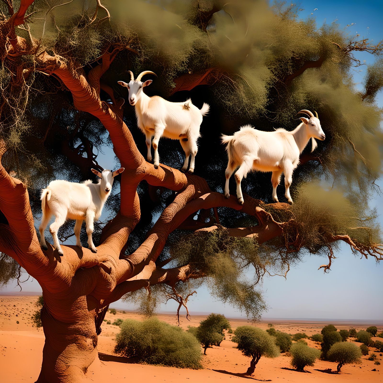 Goats Climbing Moroccan Argan Tree in Sunlight