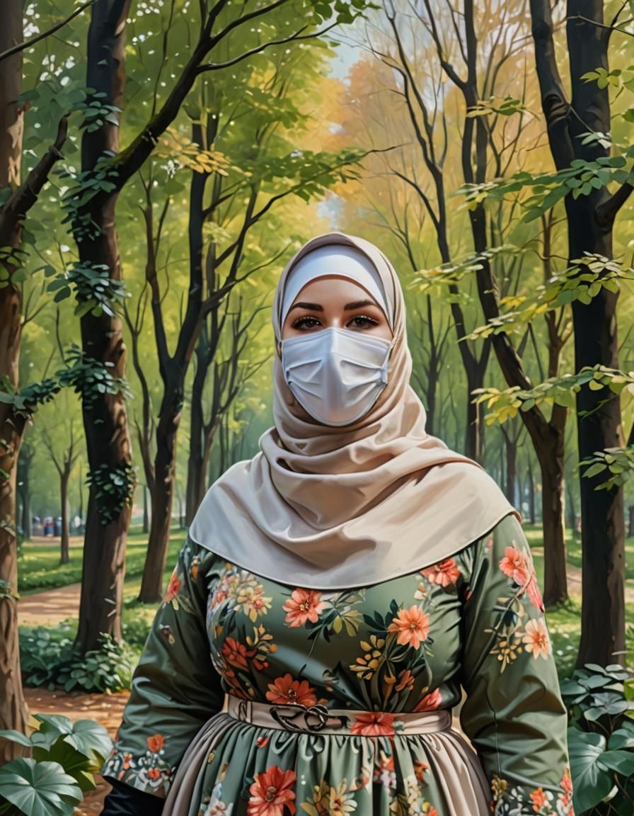 Woman in Hijab and Face Mask Oil Painting