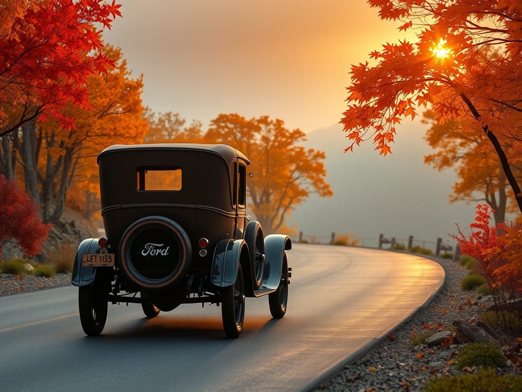 Ford Model T Drives Through Autumn Landscape