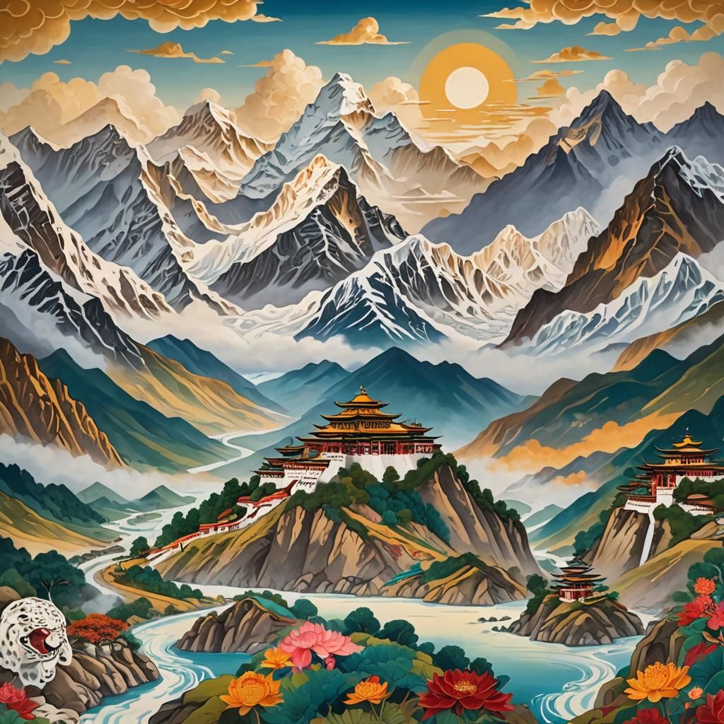 Himalayan Vista: Thangka-Style Mountain Landscape