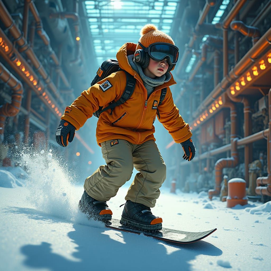 Snowboarder in Futuristic Robotics Workshop