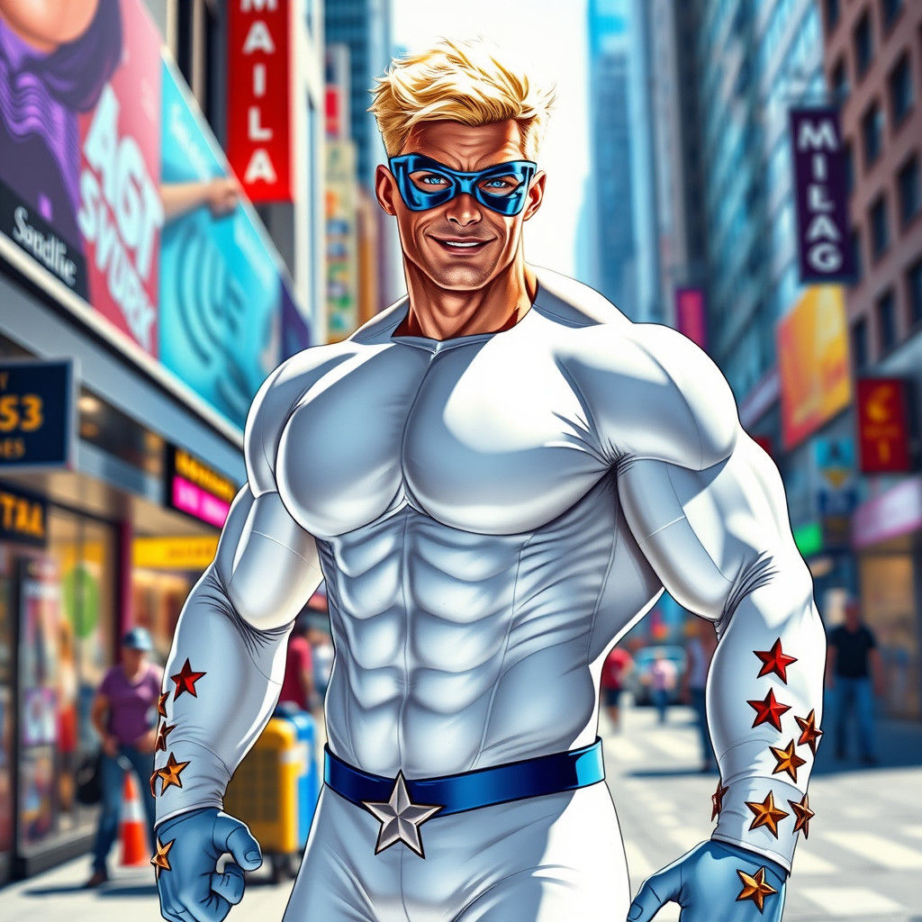 Confident Superhero in Vibrant Cityscape, Hyperrealism Style