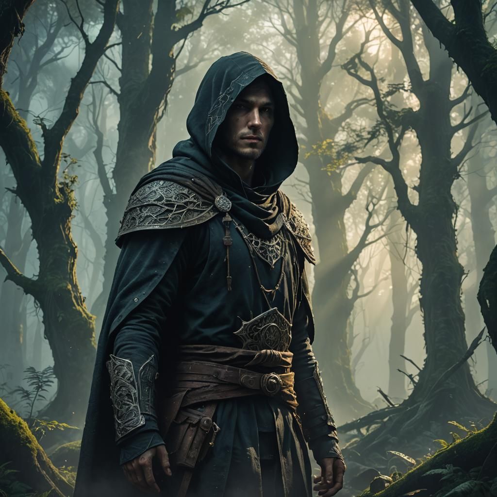 Hooded Figure in Misty Forest Ruin