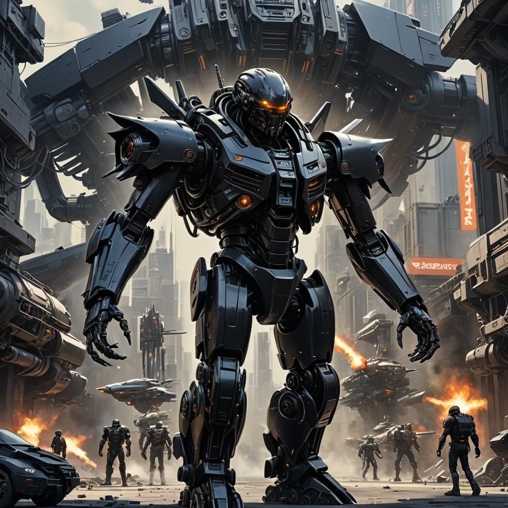 Giant Black Robotic Exoskeleton in Cyberpunk Style