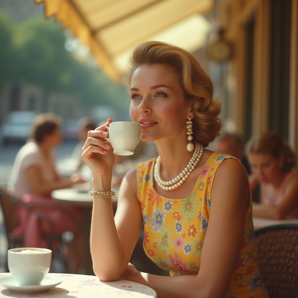 Elegant Woman at Roman Cafe, Vintage Fashion Photography