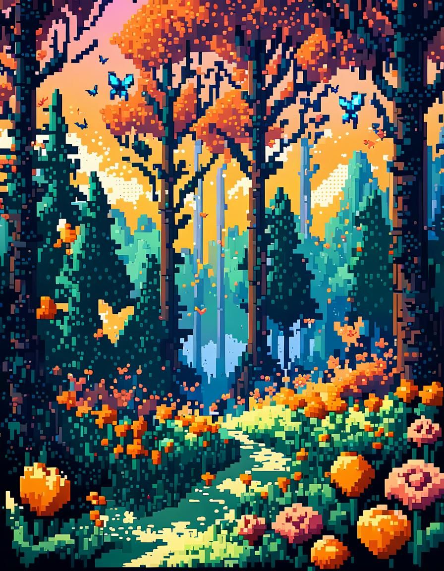 Sunset in Magical Pixel Art Forest